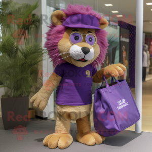 Purple Lion mascot costume character dressed with a Bikini and Tote bags