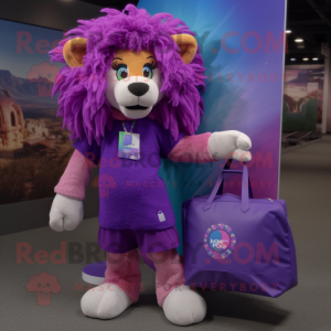 Purple Lion mascot costume character dressed with a Bikini and Tote bags