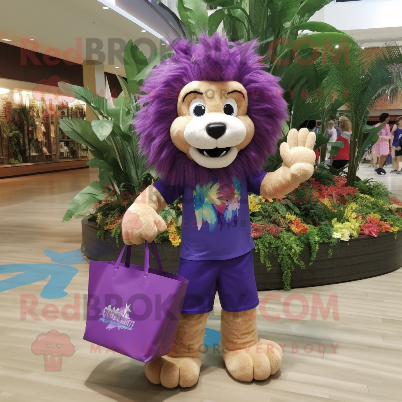 Purple Lion mascot costume character dressed with a Bikini and Tote bags