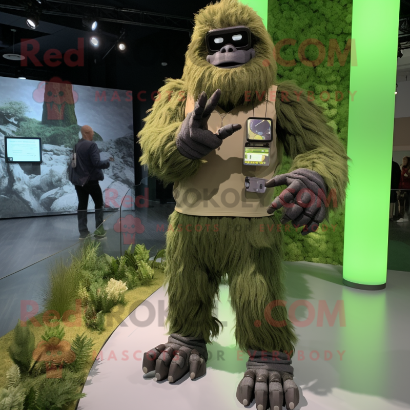 Green Sasquatch mascot costume character dressed with a Shorts and Smartwatches Green Sasquatch mascot costume character dressed with a Shorts and Smartwatches