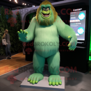 Green Sasquatch mascot costume character dressed with a Shorts and Smartwatches