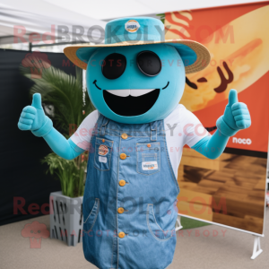 Turquoise Bbq Ribs mascot costume character dressed with a Denim Shirt and Brooches