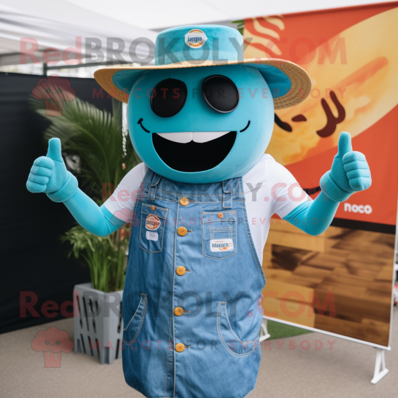 Turquoise Bbq Ribs mascot costume character dressed with a Denim Shirt and Brooches Turquoise Bbq Ribs mascot costume character dressed with a Denim Shirt and Brooches