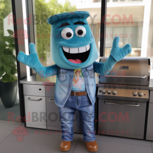 Turquoise Bbq Ribs mascot costume character dressed with a Denim Shirt and Brooches