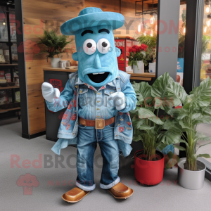 Turquoise Bbq Ribs mascot costume character dressed with a Denim Shirt and Brooches