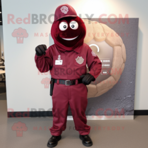 Maroon Grenade mascot costume character dressed with a Henley Shirt and Lapel pins