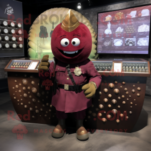Maroon Grenade mascot costume character dressed with a Henley Shirt and Lapel pins