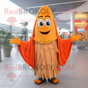 Orange French Fries mascot costume character dressed with a Parka and Shawls