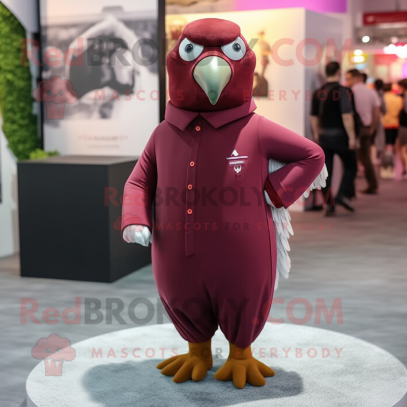 Maroon Pigeon mascot costume character dressed with a Playsuit and Shoe laces Maroon Pigeon mascot costume character dressed with a Playsuit and Shoe laces