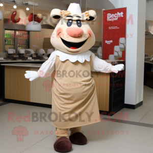 Tan Beef Stroganoff mascot costume character dressed with a Skirt and Caps