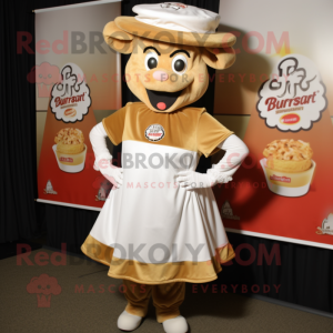 Tan Beef Stroganoff mascot costume character dressed with a Skirt and Caps