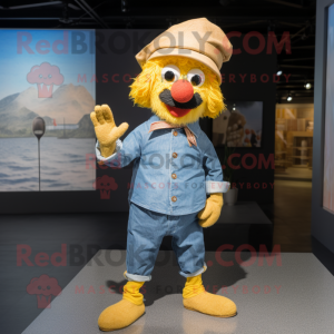 Gold Paella mascot costume character dressed with a Chambray Shirt and Berets