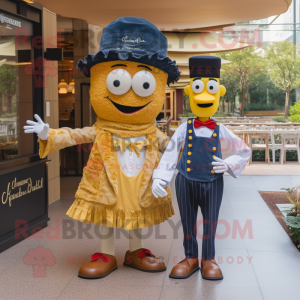 Gold Paella mascot costume character dressed with a Chambray Shirt and Berets