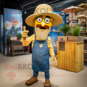 Gold Paella mascot costume character dressed with a Chambray Shirt and Berets