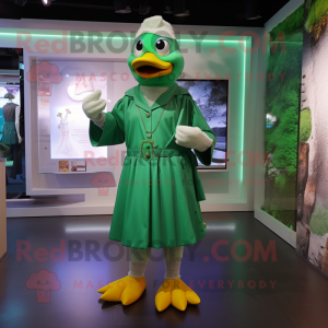 Green Goose mascot costume character dressed with a Culottes and Bracelets