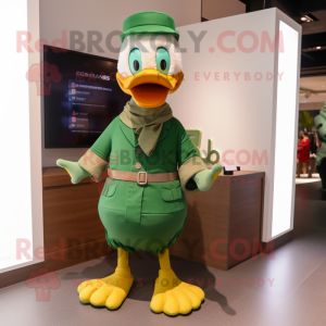 Green Goose mascot costume character dressed with a Culottes and Bracelets