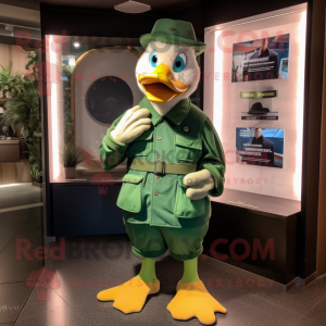 Green Goose mascot costume character dressed with a Culottes and Bracelets