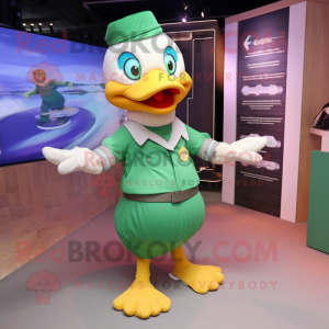 Green Goose mascot costume character dressed with a Culottes and Bracelets