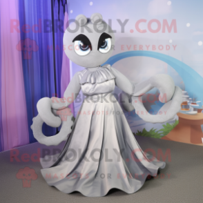 Silver Octopus mascot costume character dressed with a Pleated Skirt and Suspenders