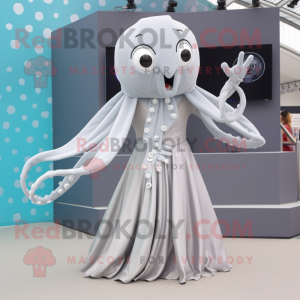Silver Octopus mascot costume character dressed with a Pleated Skirt and Suspenders