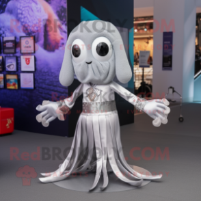 Silver Octopus mascot costume character dressed with a Pleated Skirt and Suspenders