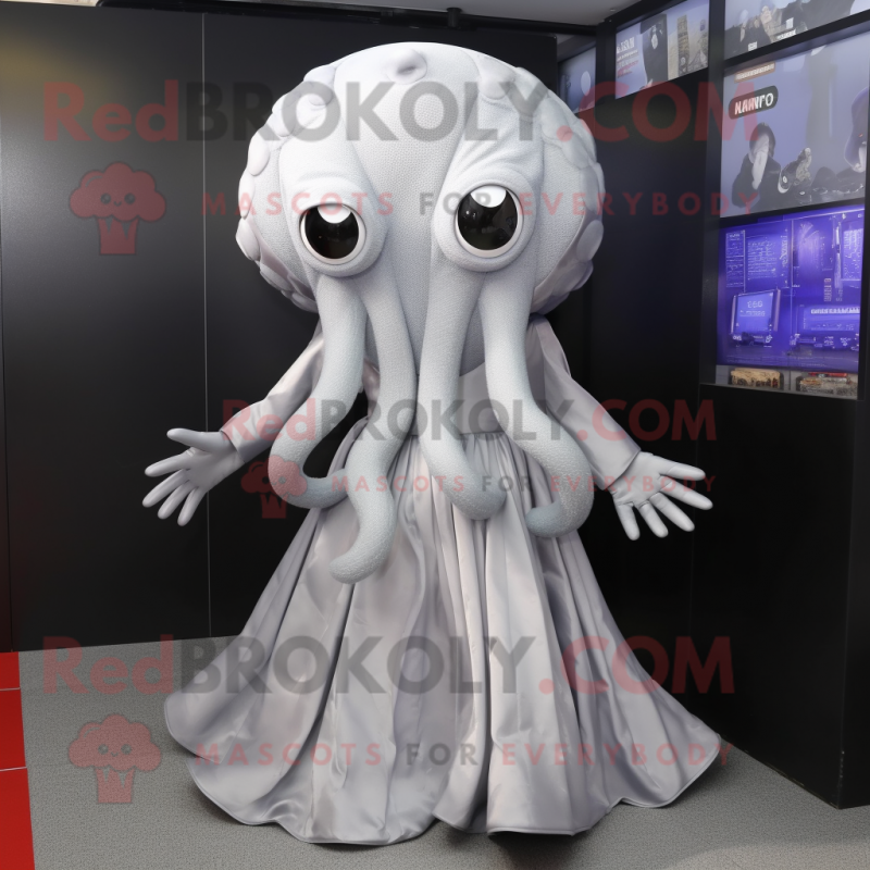 Silver Octopus mascot costume character dressed with a Pleated Skirt and Suspenders