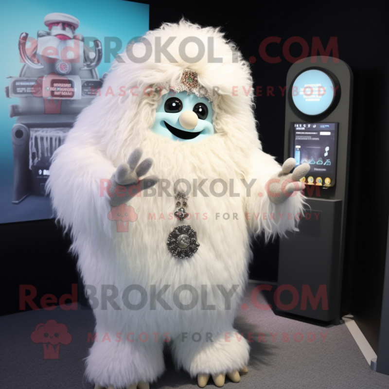 Cream Yeti mascot costume character dressed with a Mini Dress and Bracelet watches Cream Yeti mascot costume character dressed with a Mini Dress and Bracelet watches