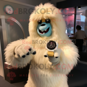 Cream Yeti mascot costume character dressed with a Mini Dress and Bracelet watches