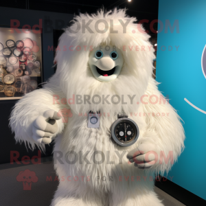 Cream Yeti mascot costume character dressed with a Mini Dress and Bracelet watches