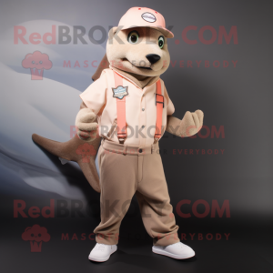 Beige Salmon mascot costume character dressed with a Joggers and Hat pins