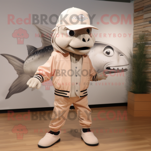 Beige Salmon mascot costume character dressed with a Joggers and Hat pins