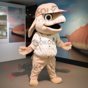 Beige Salmon mascot costume character dressed with a Joggers and Hat pins
