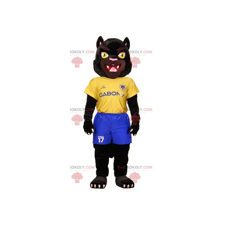 Black tiger mascot in yellow and blue sportswear -
