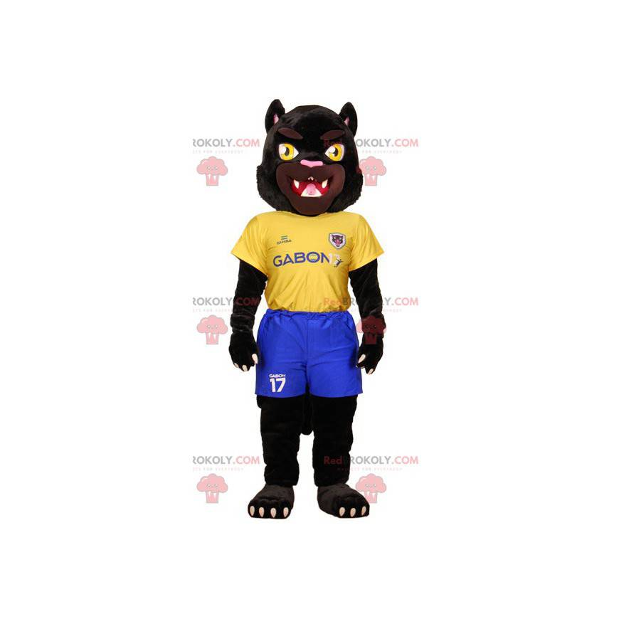 Mascote tigre preto em roupas esportivas amarelas e azuis -