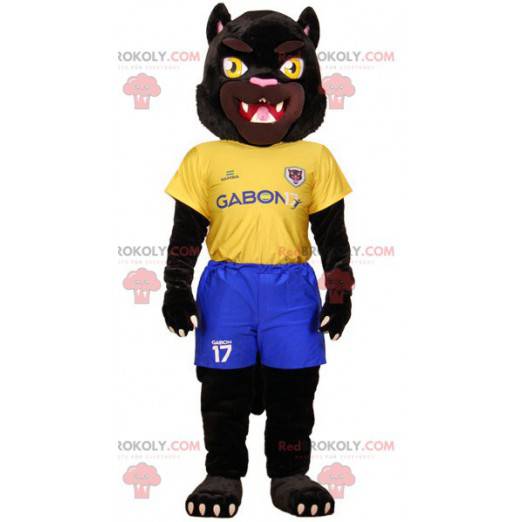 Mascota del tigre negro en ropa deportiva amarilla y azul -