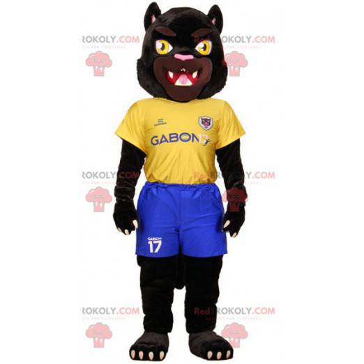 Mascote tigre preto em roupas esportivas amarelas e azuis -