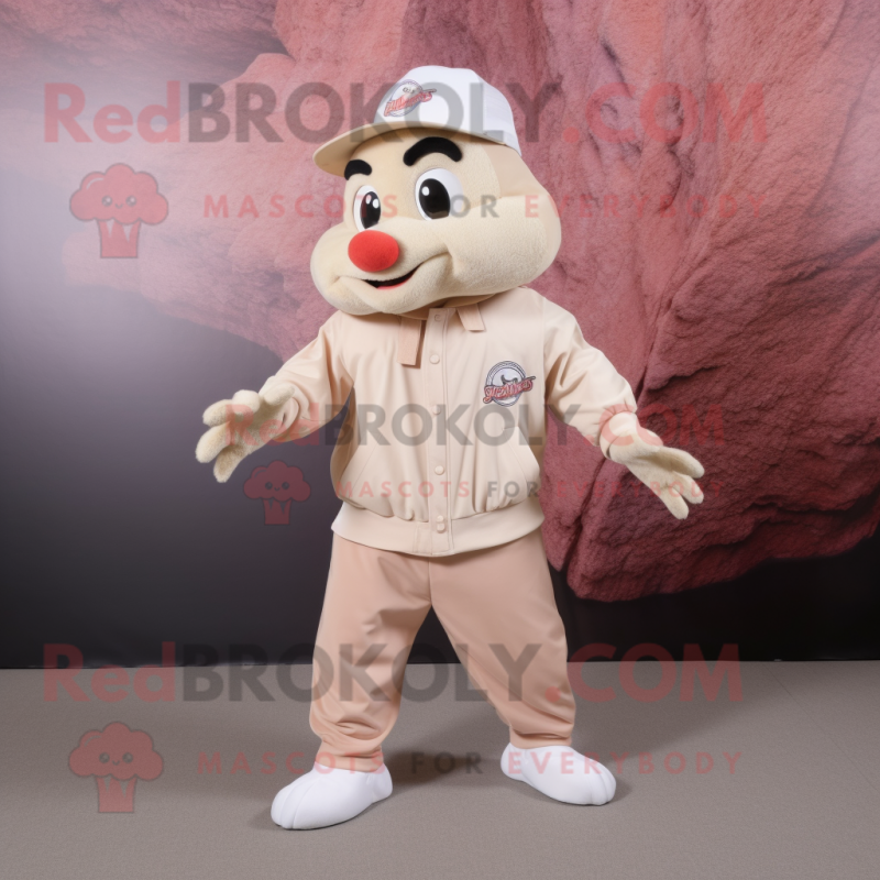 Beige Salmon mascot costume character dressed with a Joggers and Hat pins