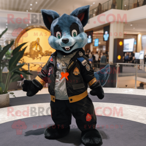 Black Fox mascot costume character dressed with a Bomber Jacket and Lapel pins