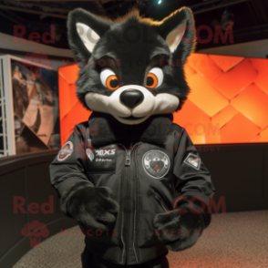 Black Fox mascot costume character dressed with a Bomber Jacket and Lapel pins