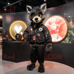 Black Fox mascot costume character dressed with a Bomber Jacket and Lapel pins