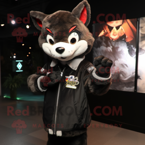 Black Fox mascot costume character dressed with a Bomber Jacket and Lapel pins