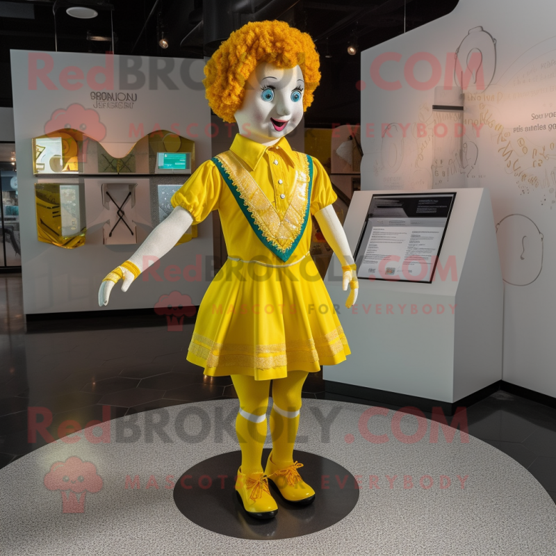 Yellow Irish Dancer mascot costume character dressed with a Polo Tee and Earrings Yellow Irish Dancer mascot costume character dressed with a Polo Tee and Earrings