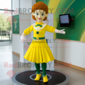 Yellow Irish Dancer mascot costume character dressed with a Polo Tee and Earrings
