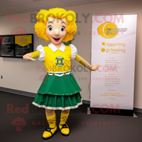 Yellow Irish Dancer mascot costume character dressed with a Polo Tee and Earrings