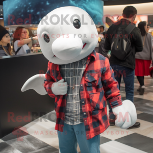 Silver Beluga Whale mascot costume character dressed with a Flannel Shirt and Keychains