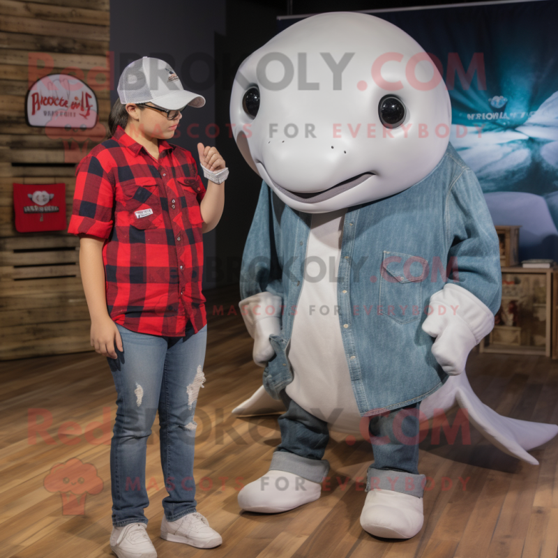 Silver Beluga Whale mascot costume character dressed with a Flannel Shirt and Keychains