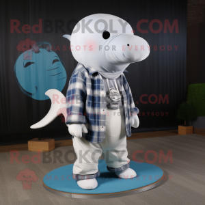 Silver Beluga Whale mascot costume character dressed with a Flannel Shirt and Keychains