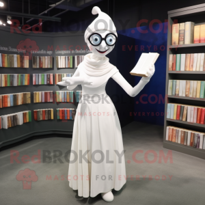 White Contortionist mascot costume character dressed with a Empire Waist Dress and Reading glasses