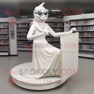 White Contortionist mascot costume character dressed with a Empire Waist Dress and Reading glasses