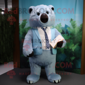 Sky Blue Sloth Bear mascot costume character dressed with a Blouse and Pocket squares